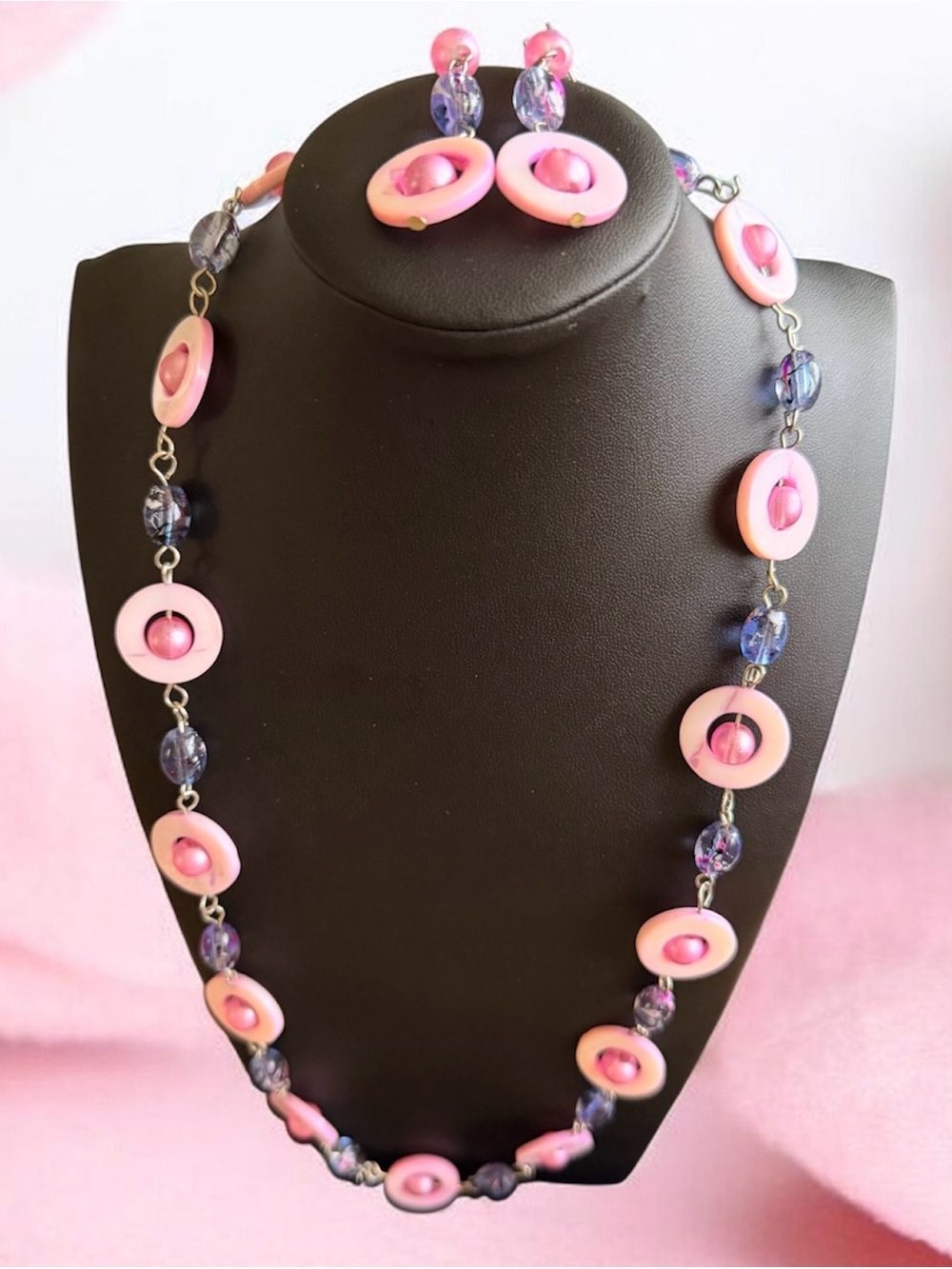 Pink Bead Ring Necklace and Earrings Set by